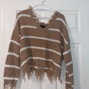 Tan and white fringe sweater